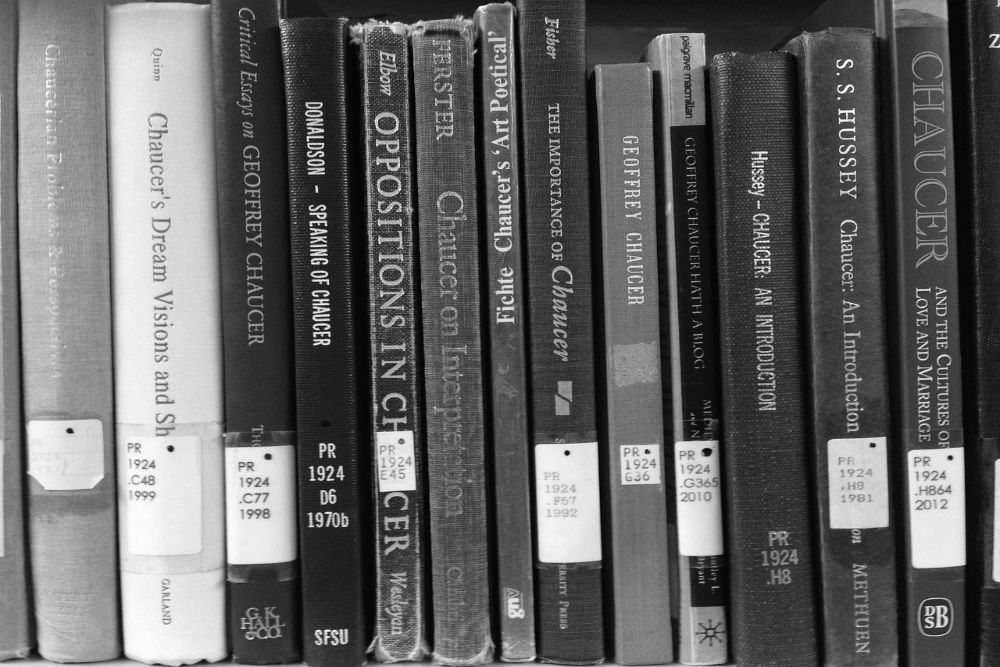 Black and white photo of books standing on a shelf.