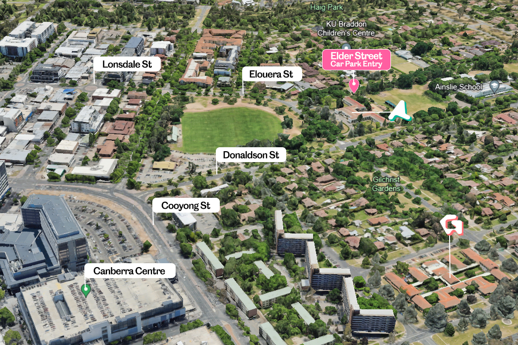 Map of Elder Street carpark entry in Braddon.