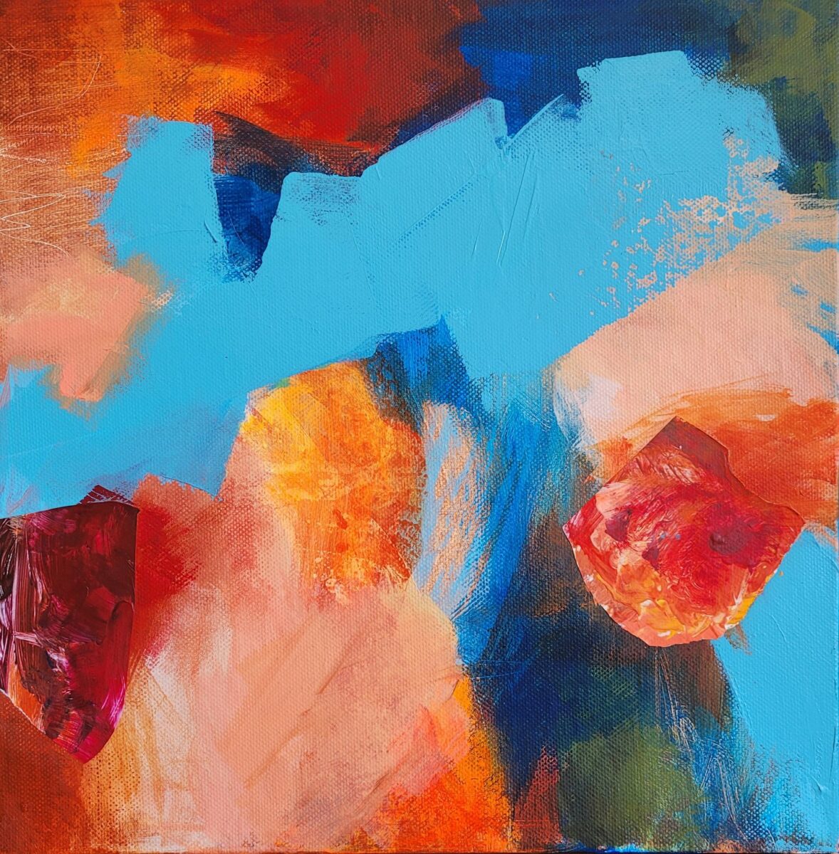 Abstract painting of red orange and blue brushstrokes