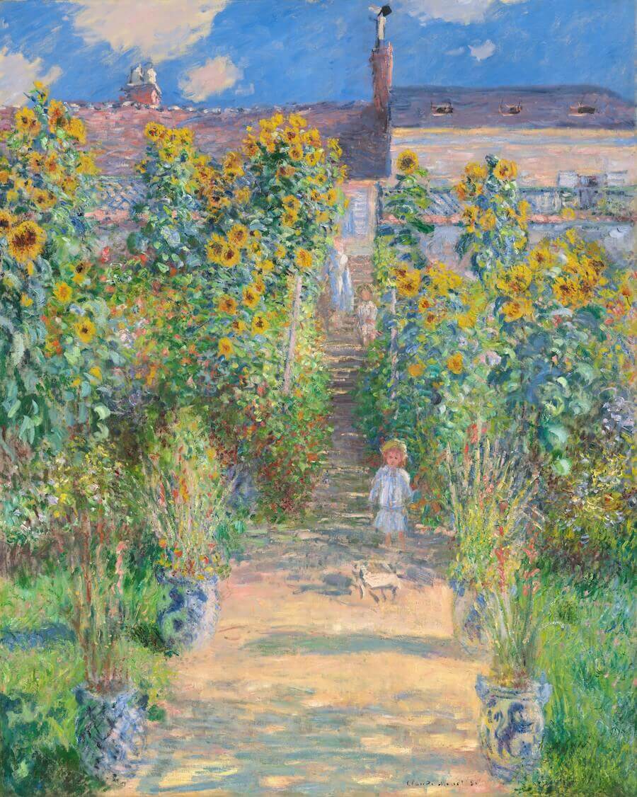 Monet's painting called The Artist's Garden at Vetheuil. Impressionist painting of a small child walking through a garden of flowers.