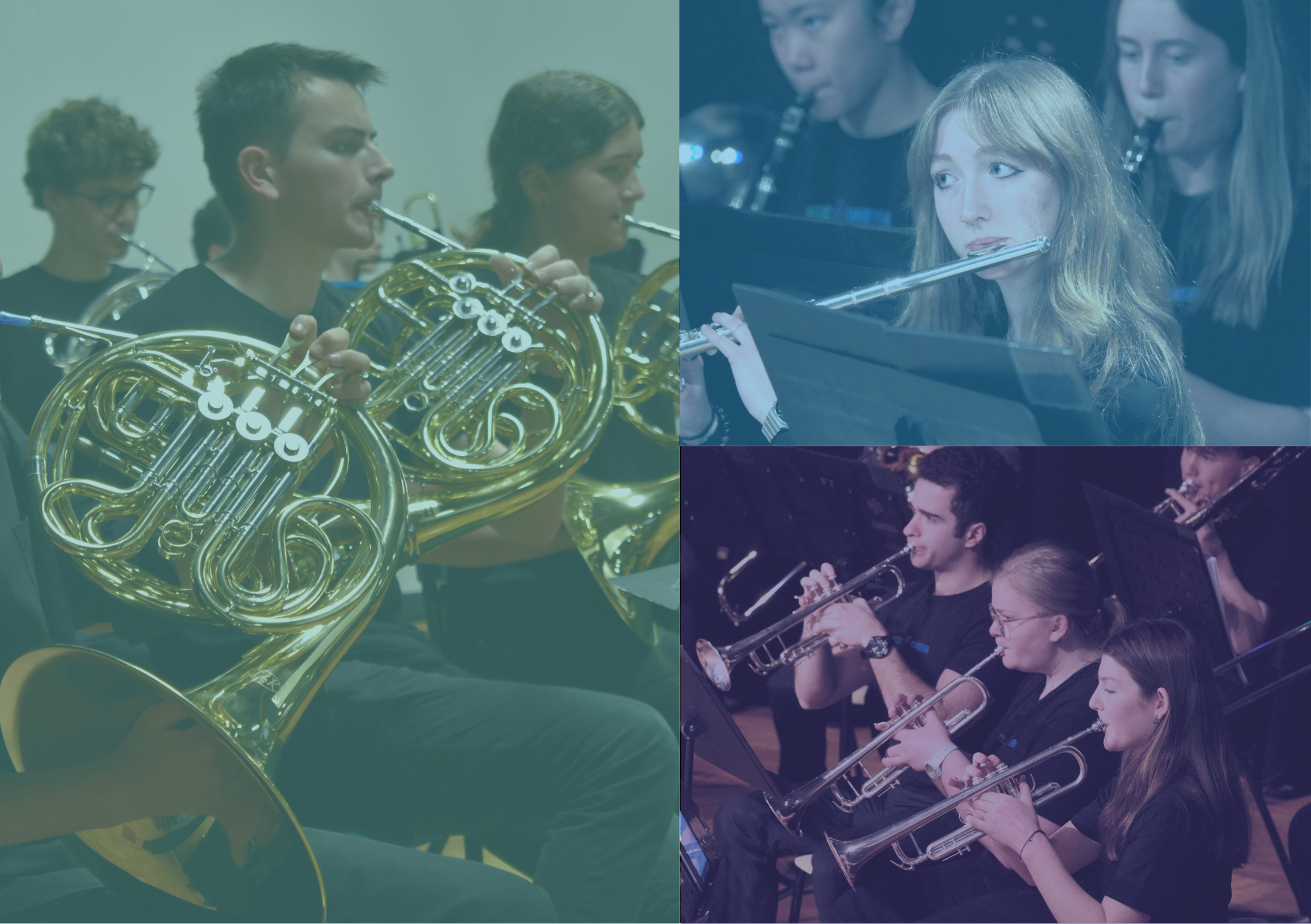 Copy of Concert Band Open Day image – Music For Canberra A collage of students playing brass and woodwind instruments with pruple, blue and teal colours overlayed