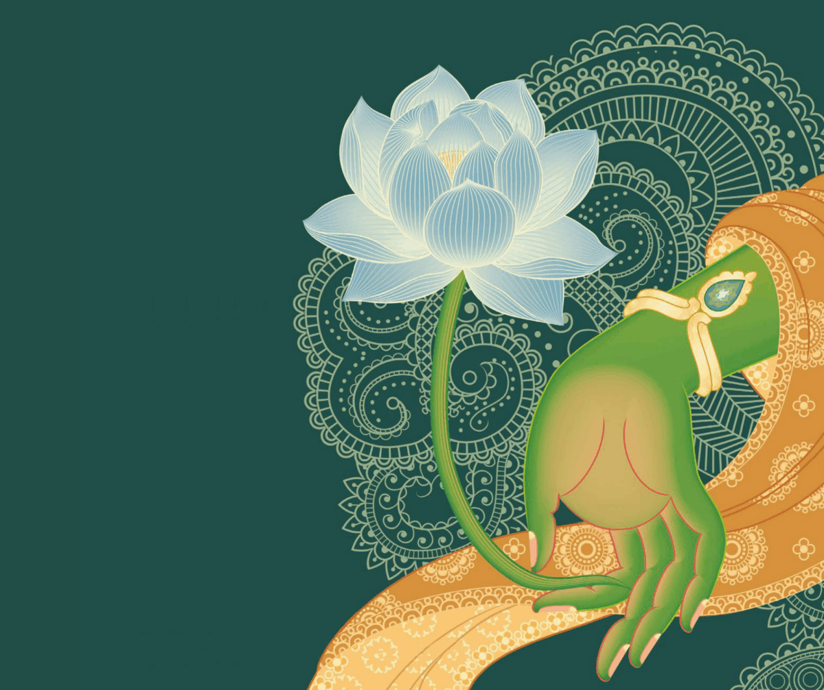 A white and grey lotus flower sits on a green background.