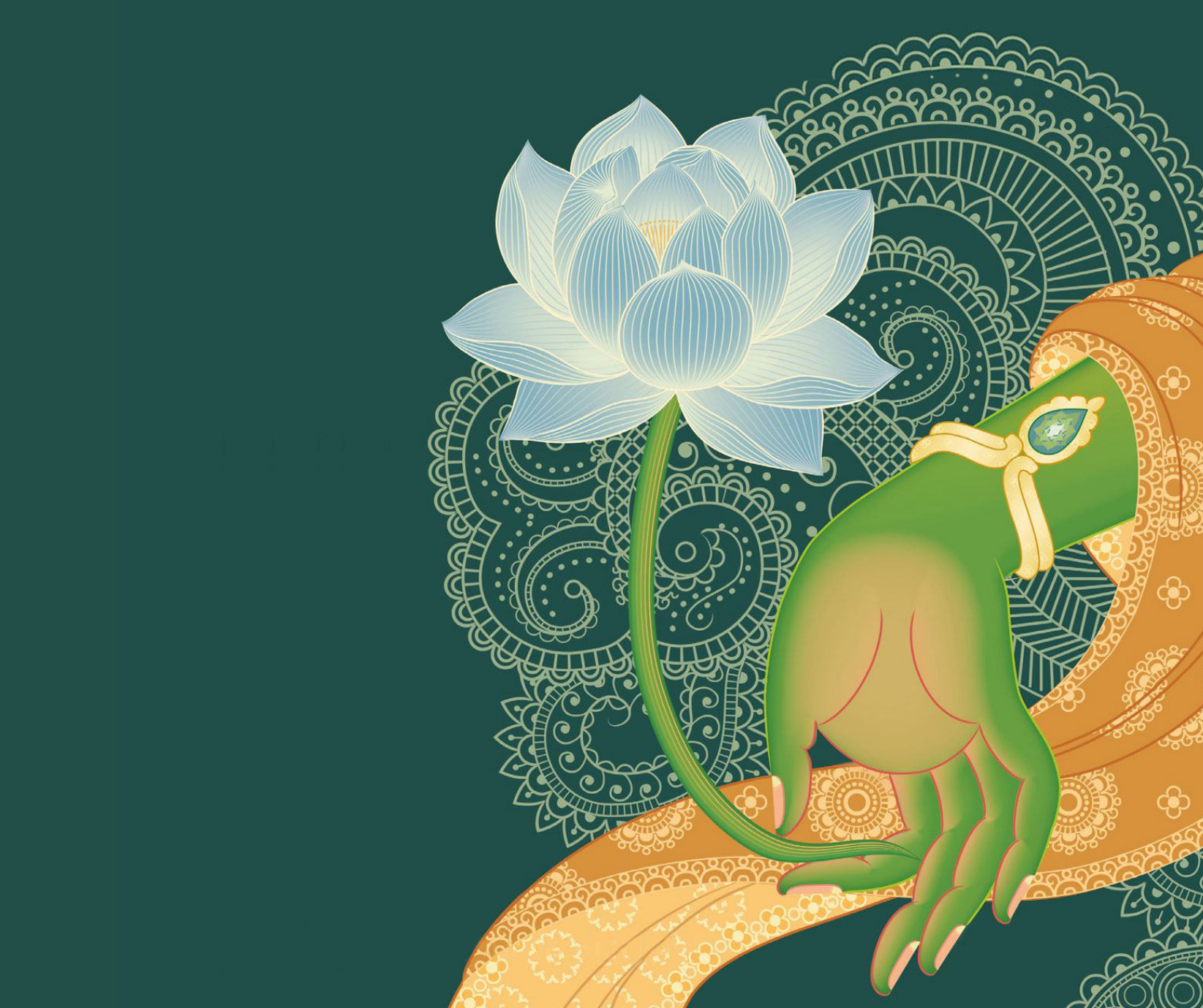 A white and grey lotus flower sits on a green background.