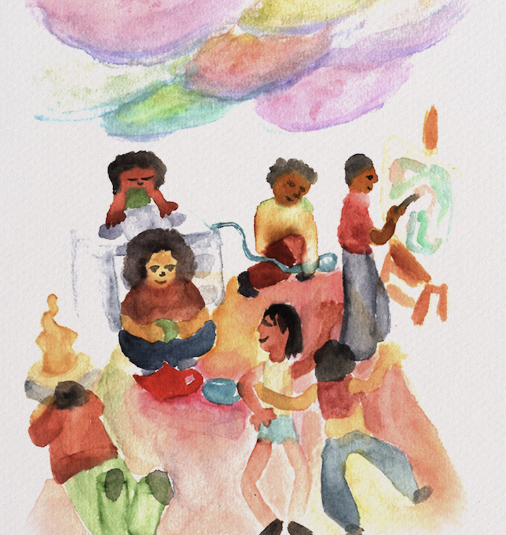 Screenshot A colourful watercolour painting of people happily gathering, sitting and talking.