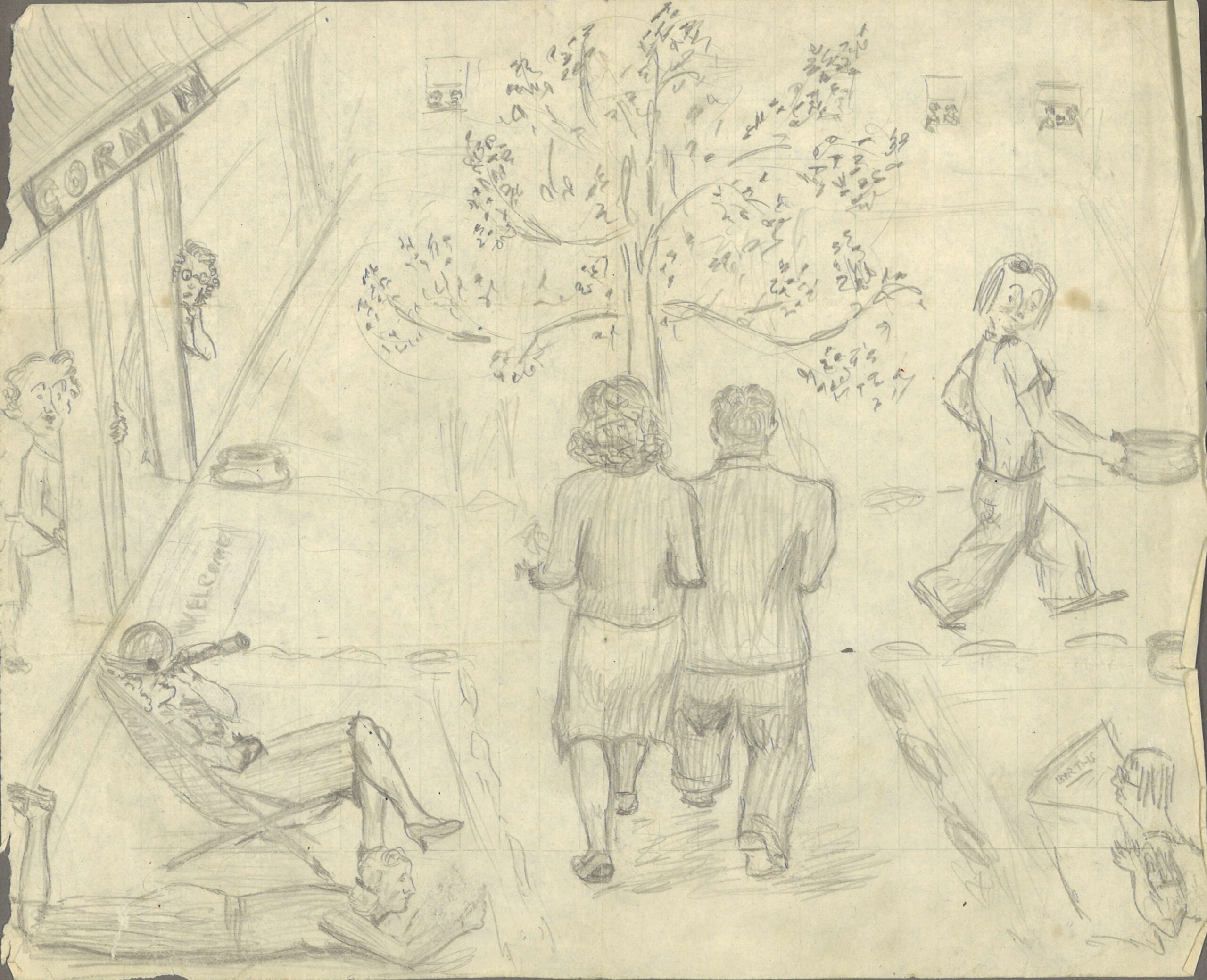 A light pencil sketch of people walking through the courtyards of Gorman