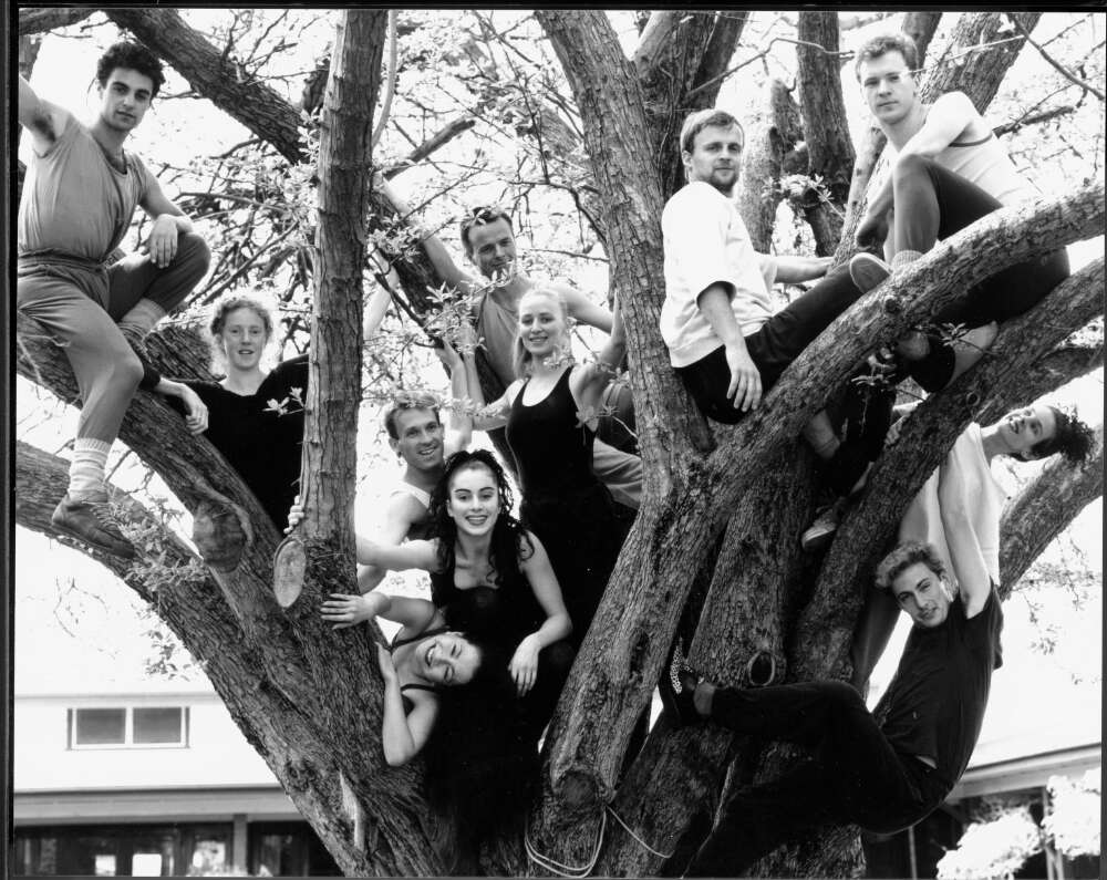 A group of dancers from the 1980s sit in the towering hawthorn tree.