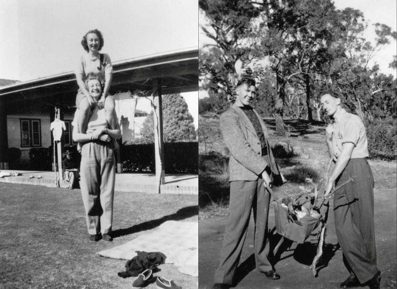 A diptych of two photographs. On the left: Two women have fun, one stands tall while the other sits on her shoulders. On the right: Two men stand with a bag of foraged tree branches to be used as firewood.