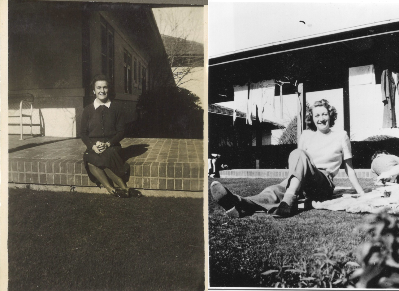 A diptych of two old photographs. On the left: A woman sits on the veranda at Gorman house wearing a dark cardigan and black skirt. On the right: A woman reclines on the Gorman lawns on Laundry day as washing hangs in the background.