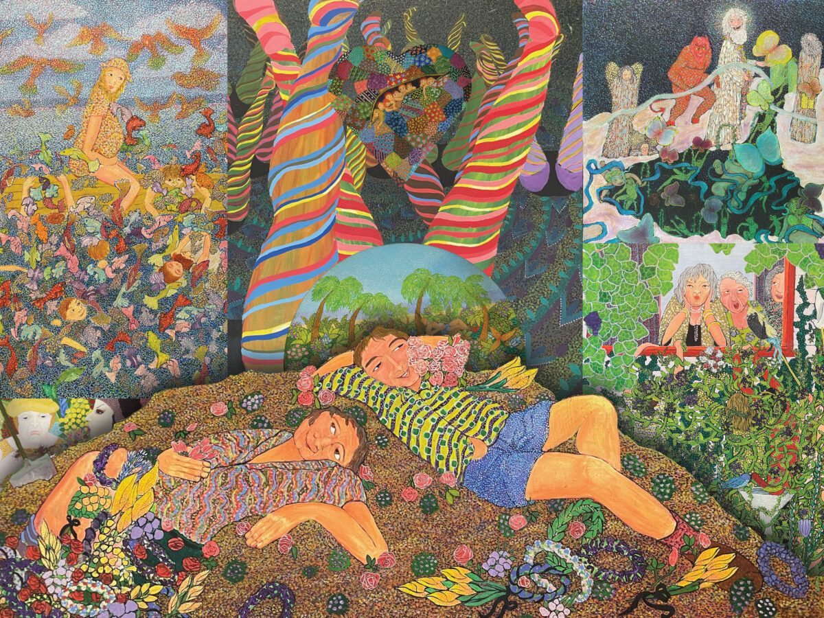 Funny-Old-Stuff-2 – John Conway A colourful and densely textured oil painting of two people reclining on a pile of leaves and flowers with four intricately illustrated panels behind depicting fantastical oceans, gardens of old women and monsters.