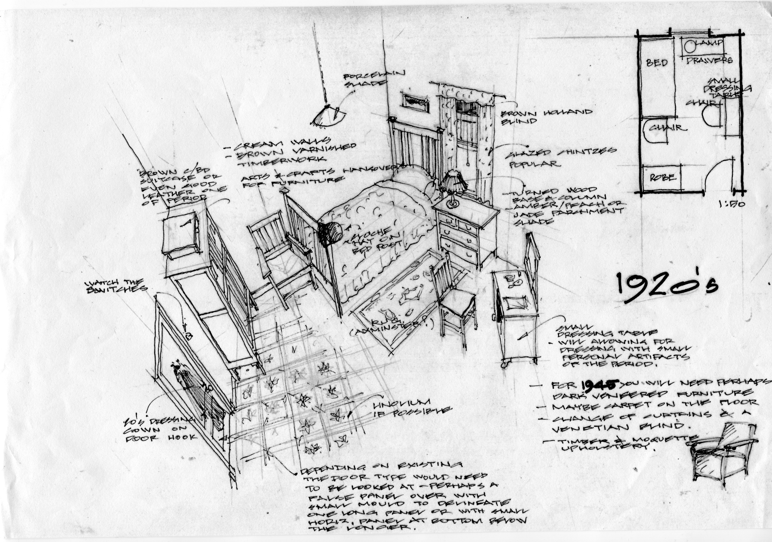Black marker sketch of the potential setup of a room at Gorman, perspective is from an above corner.