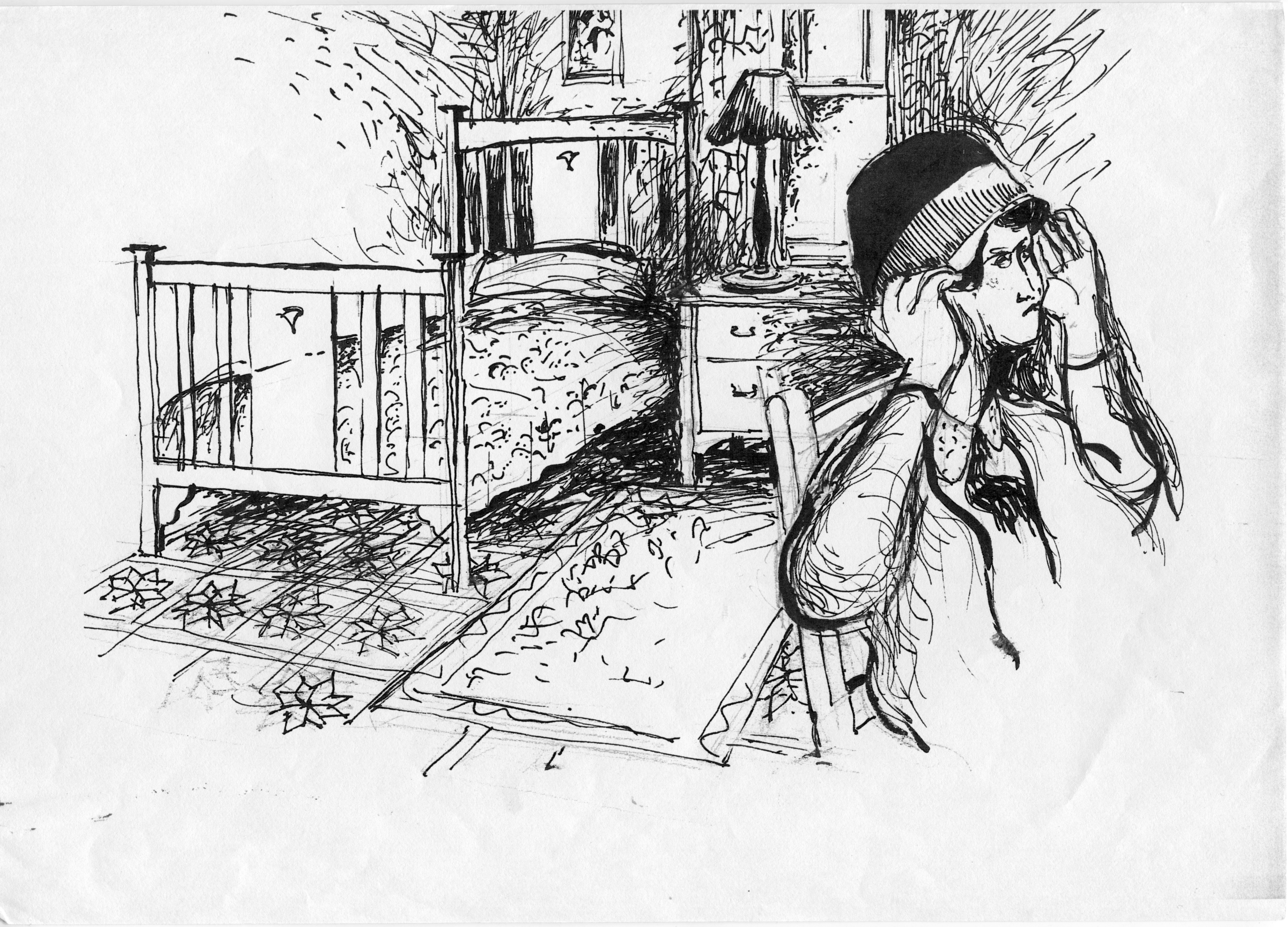 A black line drawing of a woman getting ready wearing 1920's clothing.