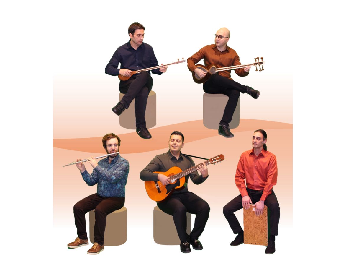 A collage of 5 persian classical musicians with their instruments mid-song.