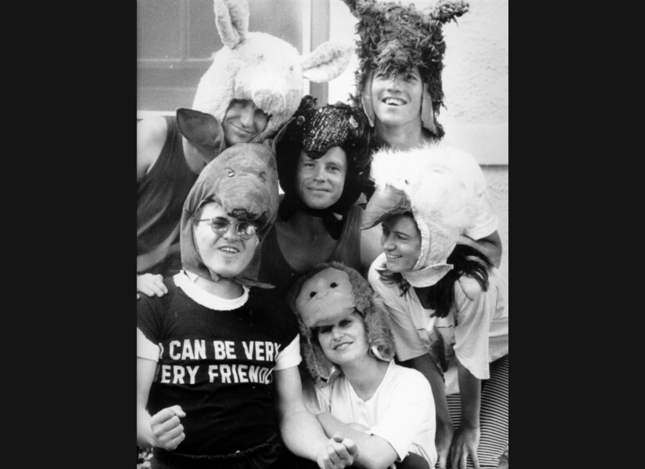 A motley crew of young people wearing animal hats at Gorman