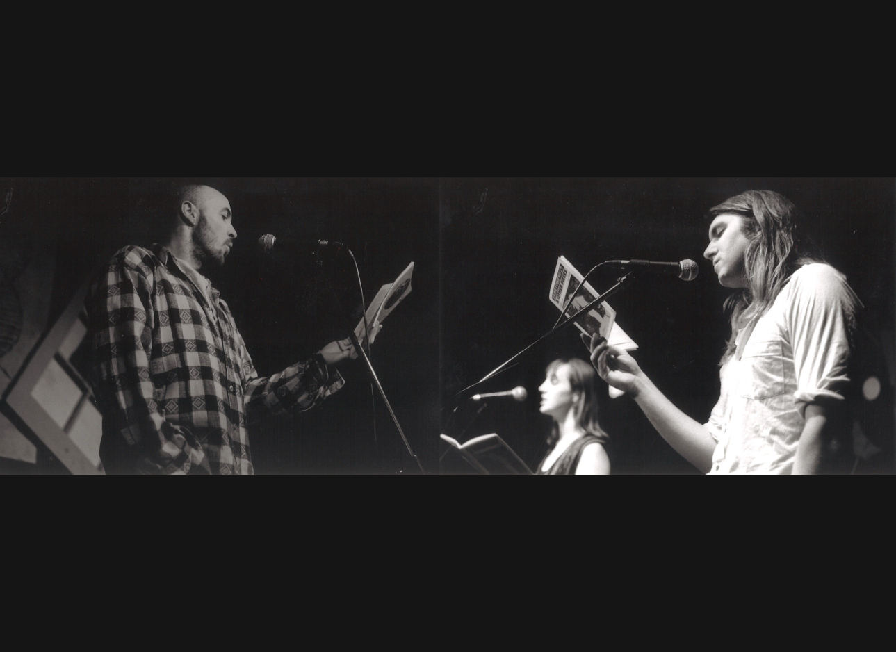 Diptych black and white images of people on stage, speaking into microphone during their poetry readings.